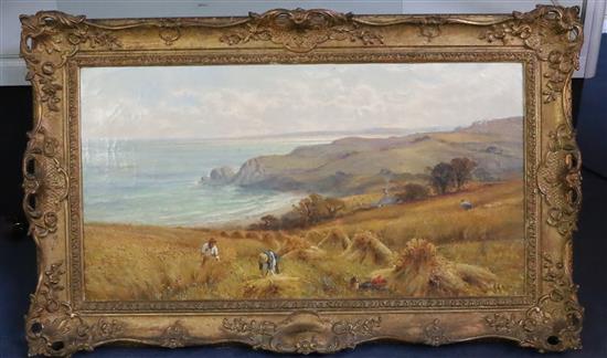 Alfred Augustus Glendening (1861-1907) Harvesters in a clifftop cornfield 15.5 x 29.5in.